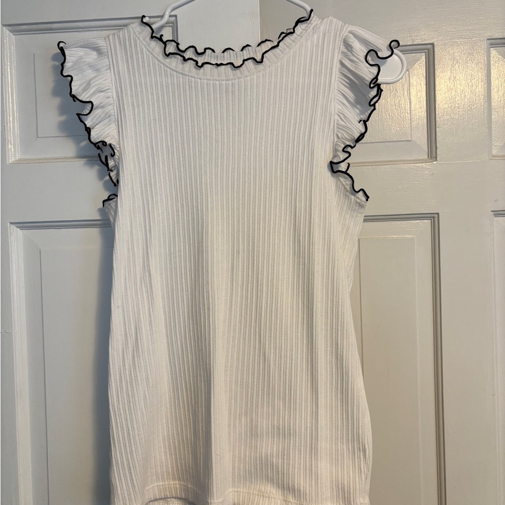 LOFT White and Black Ruffle Trim Top